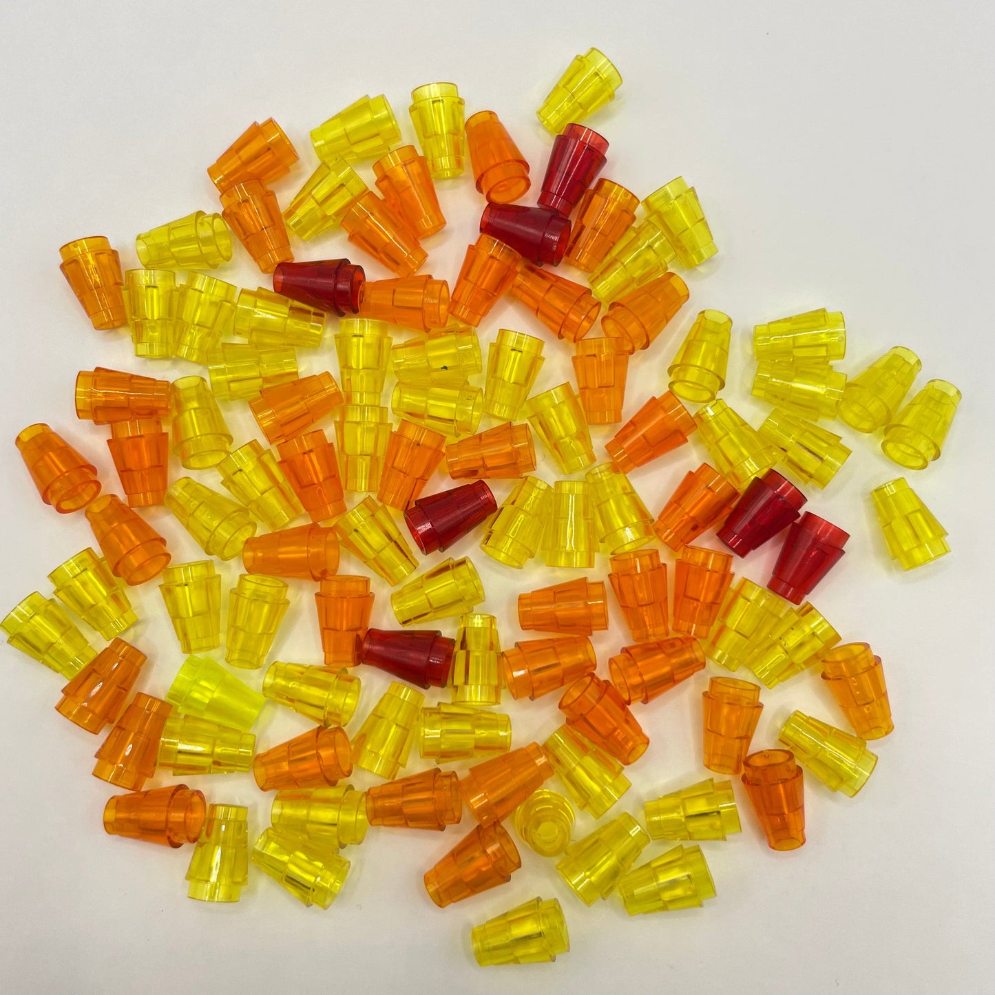 LEGO 1x1 Cone, 100 Pieces Transparent, Orange, Yellow and Red