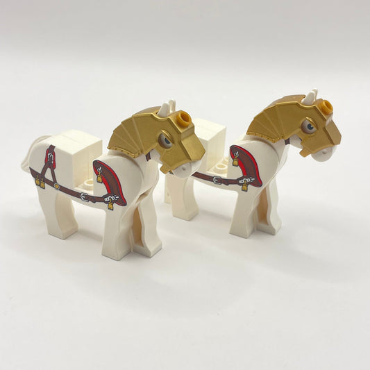 LEGO White Horses with Brown Bridle and Harness and Gold Tassels (2 Horses)