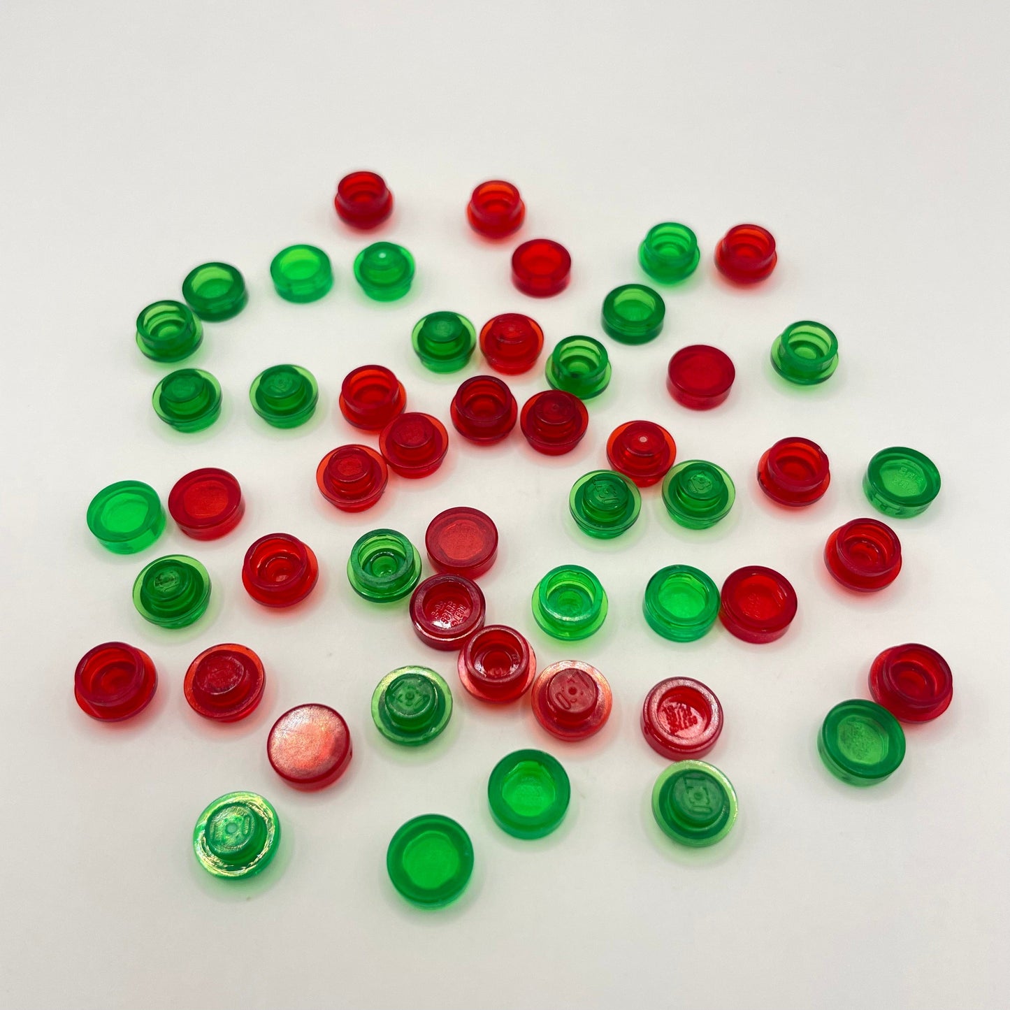 LEGO Red and Green 1x1, Round, Plates and Tiles, Transparent, 50 Pieces