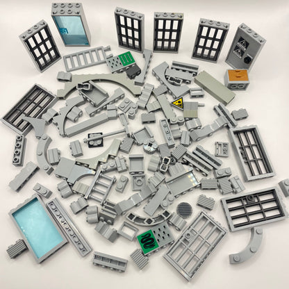 LEGO Building Pieces, Light Bluish Grey, Approx. 175g Jail, Curves, Rails, Masonry, Architecture, Castle