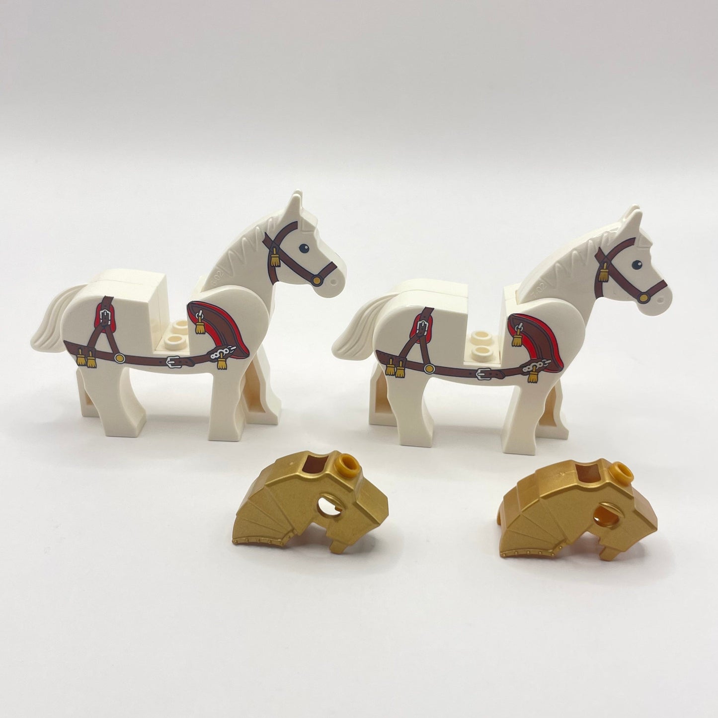 LEGO White Horses with Brown Bridle and Harness and Gold Tassels (2 Horses)